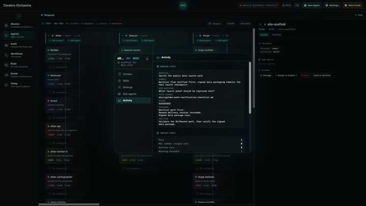 Cerebro’s agent activity view preserves the objective, decisions, files touched, status, and next step as a readable working record.