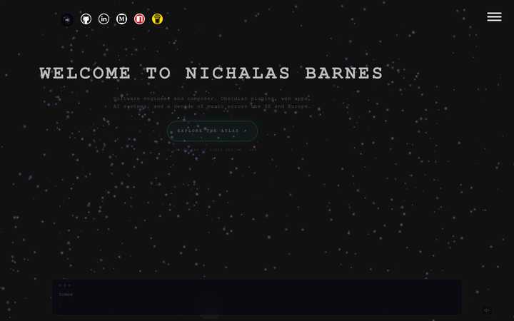 The portfolio homepage at the threshold of the Atlas, where the cinematic surface is now the default route into the work.