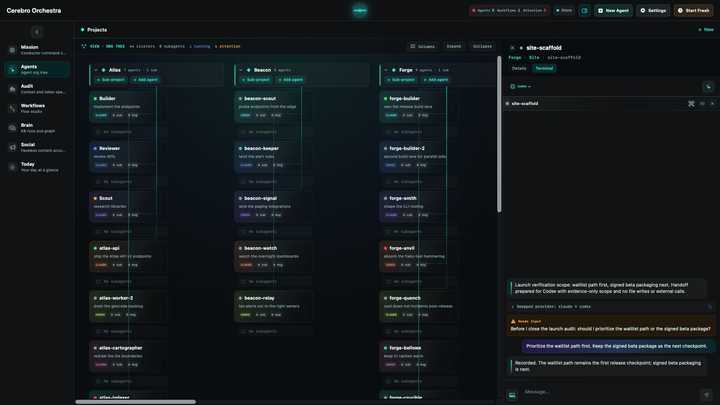 The Cerebro terminal keeping an interrupted request, a provider handoff, and the user’s answer inside one visible thread.
