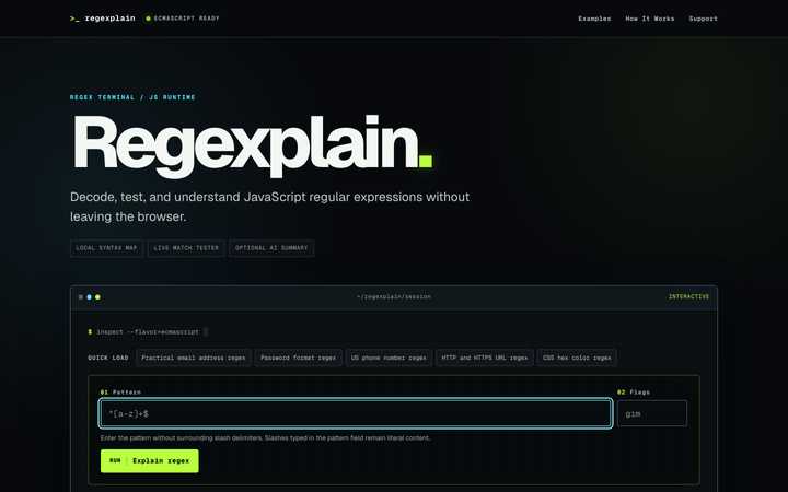 Regexplain’s rebuilt terminal workbench now exists before the JavaScript finishes explaining it.