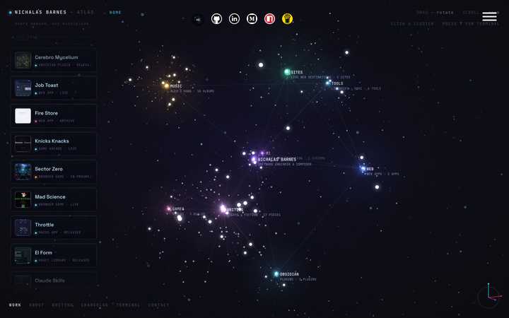 The Atlas after the design pass: colored clusters, a continuous camera journey, and a wormhole that now behaves like a place instead of a transition.
